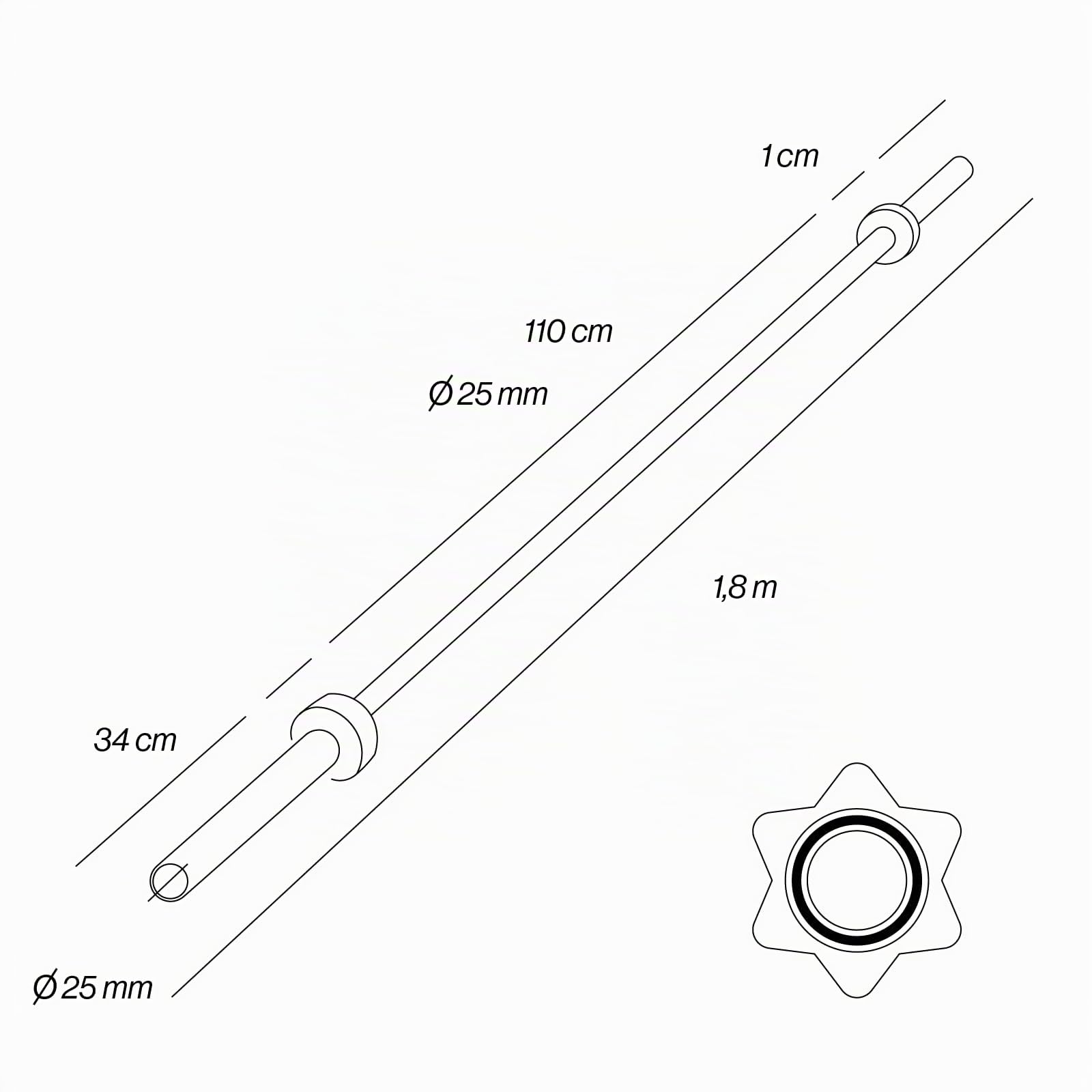 Barra Recta 180 cm – 25 mm – Empuñadura Estriada – Carga Máxima 150 kg – Acero de Alta Densidad – Incluye 2 Cierres de Rosca – Musculación y Halterofilia – Fitness Tech