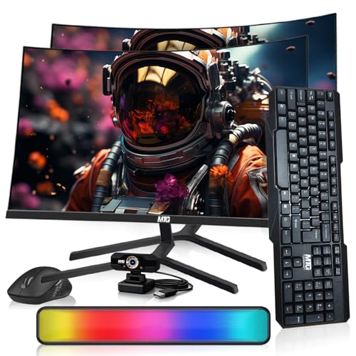Image of MTG Dual 24 inch Curved Monitor Full HD 1080P Frameless Screen, HDMI DP USB Audio, Low Motion Blur, VESA Mount, Webcam with Wireless Keyboard Mouse & Soundbar, Computer Monitor for Gaming, Home, Office