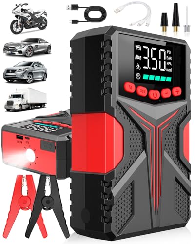 Arrancador de Batería de Coche, Compresor de Aire Portátil,con Iluminación LED, Cargador de Batería de Auto 12V Jump Starter para Autos, SUV...