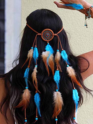 Outyua Boho Long Feather Headpices Thurquoise Feather Headband Gypsy Native Feather Headband Hair Jewelry For Women And Girls #TOP4