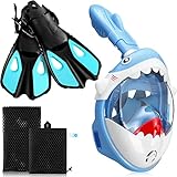 Moukeren 2 Pcs Full Face Snorkel Mask for Kids with Adjustable Swim Fins 180 Degree Panoramic View Shark Snorkeling Gear Diving Fins Swim Flippers for Children Boys Girls(Blue)