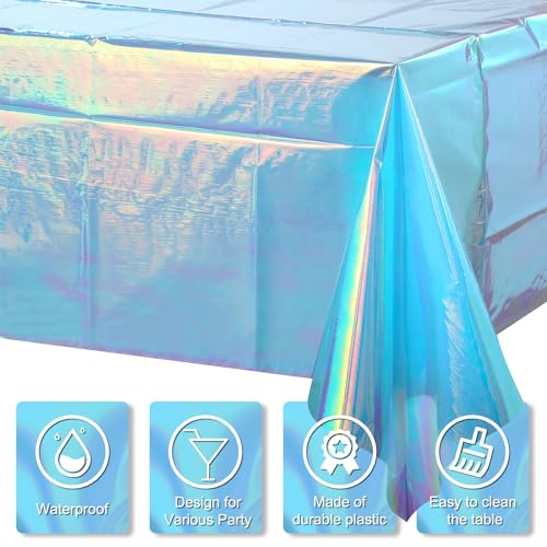 Image of FunnyPars 1 Pack Iridescent Blue Plastic Tablecloth,Shiny Blue Disposable Laser Rectangle Table Covers,Blue Holographic Foil Tablecloth Party Decorations for Birthday,40x108''