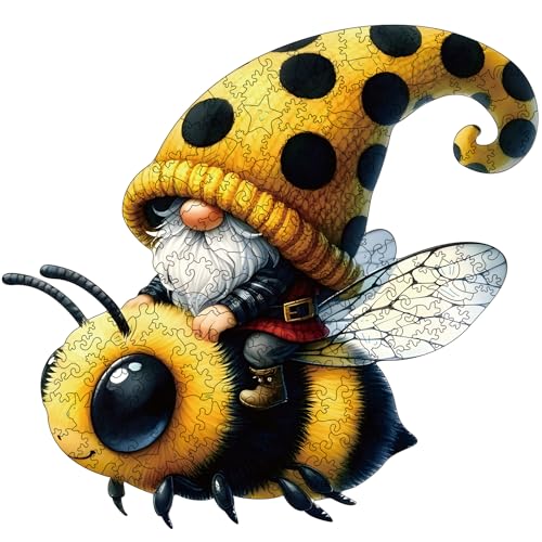Hlison Wooden Jigsaw Puzzles, Bee Gnome 200 Pieces Wooden Puzzles for Adults, 10.6'x11.1' Wooden Puzzles with Unique Shape, Great Gift and Family Game