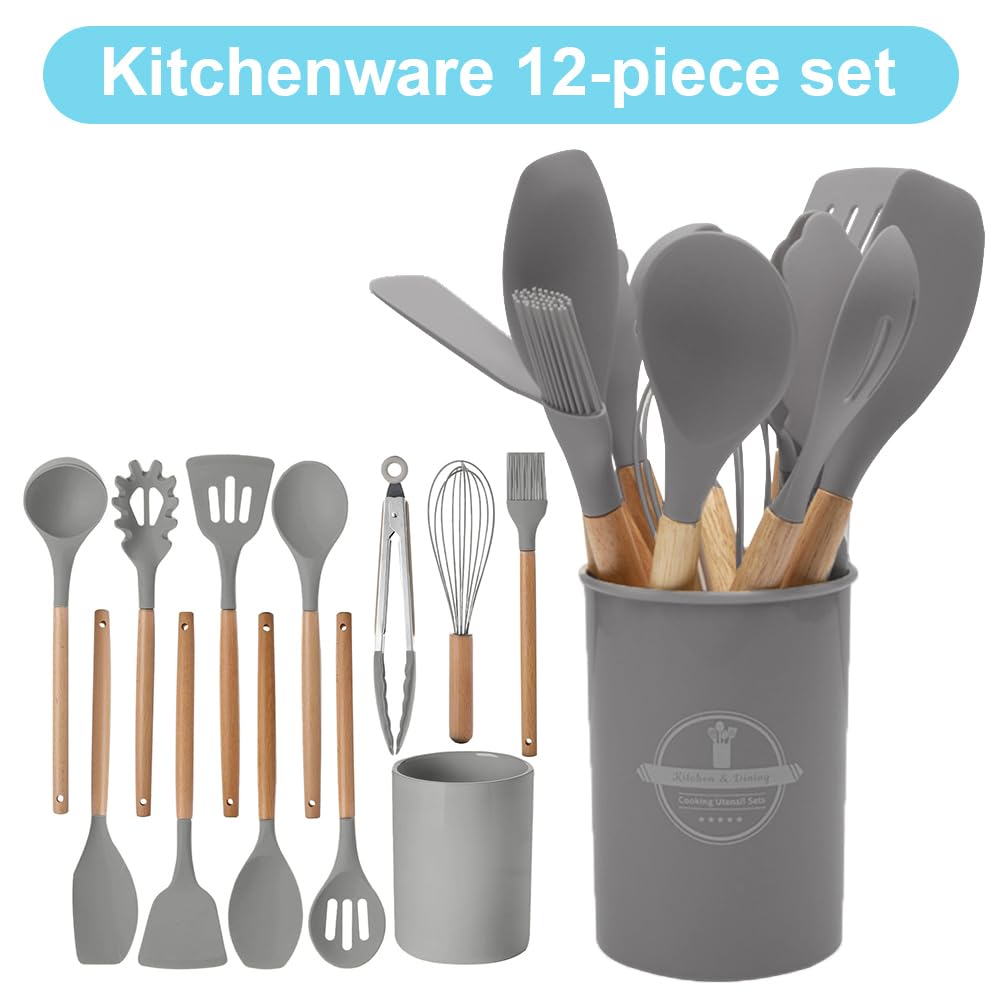 Küchenhelfer-Set – 12-teiliges Silikon-Kochutensilien mit Holzgriffen, hitzebeständig und antihaftbeschichtet, inklusive Zange, Spatel, Löffel, Aufbewahrungseimer, spülmaschinenfest