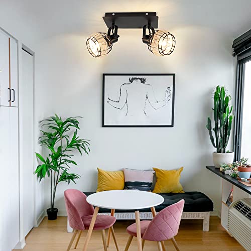 Image of DLLT Vintage LED Track Lighting Kit, 2 Lights Rattan Caged Wall Light Fixture, Industrial Track Ceiling Spotlight for Bedroom Cloakroom Hallway Entryway Balcony Porch