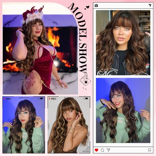 NOSTALGIA Brown Highlight Wig with Bangs for Women Long Wavy Synthetic Wig - image 5