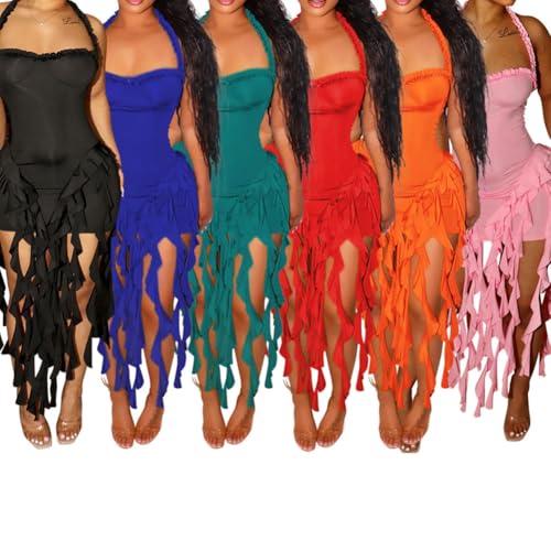 Image of Women's Sexy Fringe Ruffle Halter Neck Off Shoulder Bodycon Blackless Ruched Tassel Hem Mini Flowy Dress