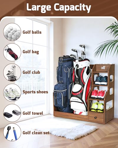 Image of Mythinglogic Wooden Golf Bag Storage Rack for 2 Bags with Drawer