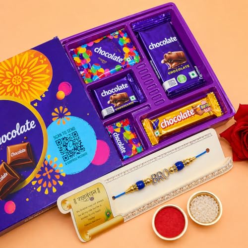 Image of JAIPUR ACE Rakhi Hamper With Chocolate Celebration Box Combo Pack, Rakshabandhan Gift Hamper For Brother With Roli Kumkum & Greeting Card (Single Rakhi Set)