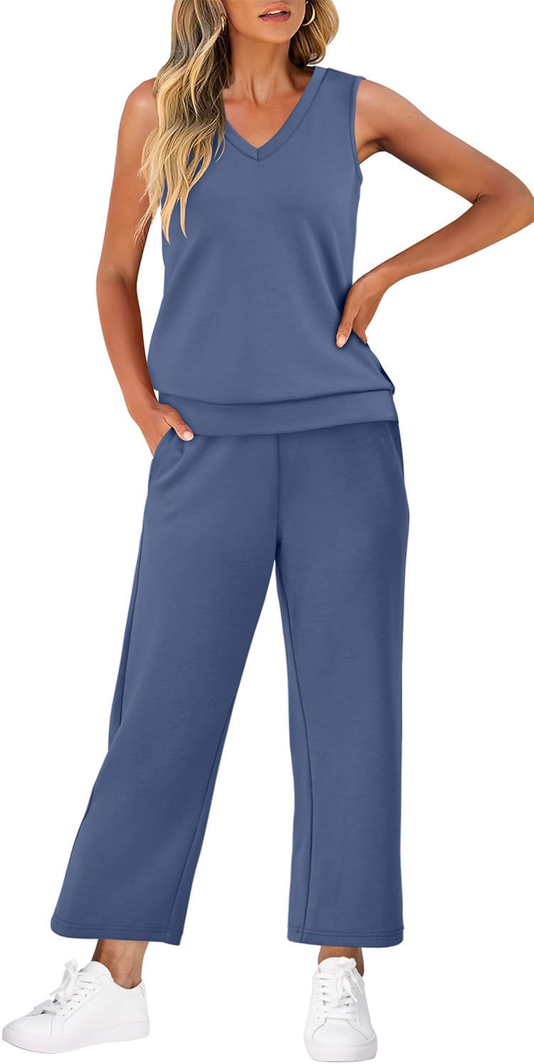 WIHOLL Two Piece Set for Women Summer Outfits Vacation Trendy Lounge Sets V Neck Matching Sets - Image 3