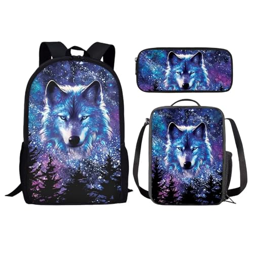 Renewold Wolf Forest Print School Bag Set, Set 3 in 1 Back to School Supplies, Backpack with Side Pocket, Bookbag Reusable Insulated Lunch Tote Bag Pencil Case Set, for Kids Teen Junior Girls Boys