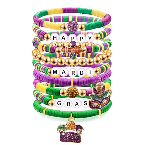 Kopuscristing Bracelets for Women Purple Green Gold Beaded Mask Fleur De Lis Charms Stretch Bracelets Carnival Prade Gifts Party Outfits Accessories