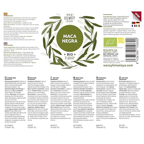 Maca Noire Péruvienne 100% Pure BIO, 120 Capsules De Maca Andine, Sans Additifs. Supplément Énergétique Et Exhausteur, Totalement Naturel Sans Produits Chimiques. Végétalien. Racine De Maca Pure (120) – vue 7