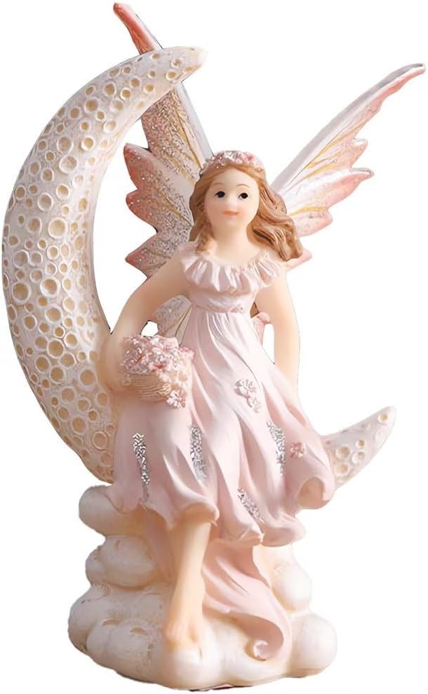 bositigo Fairy Resin Figurines Garden Statue Decor Gift, Pink Fairy in The Moon Memorial Figurines Outdoor Home Decoration Sculptures Lawn Ornaments Art for Balcony Patio Yard