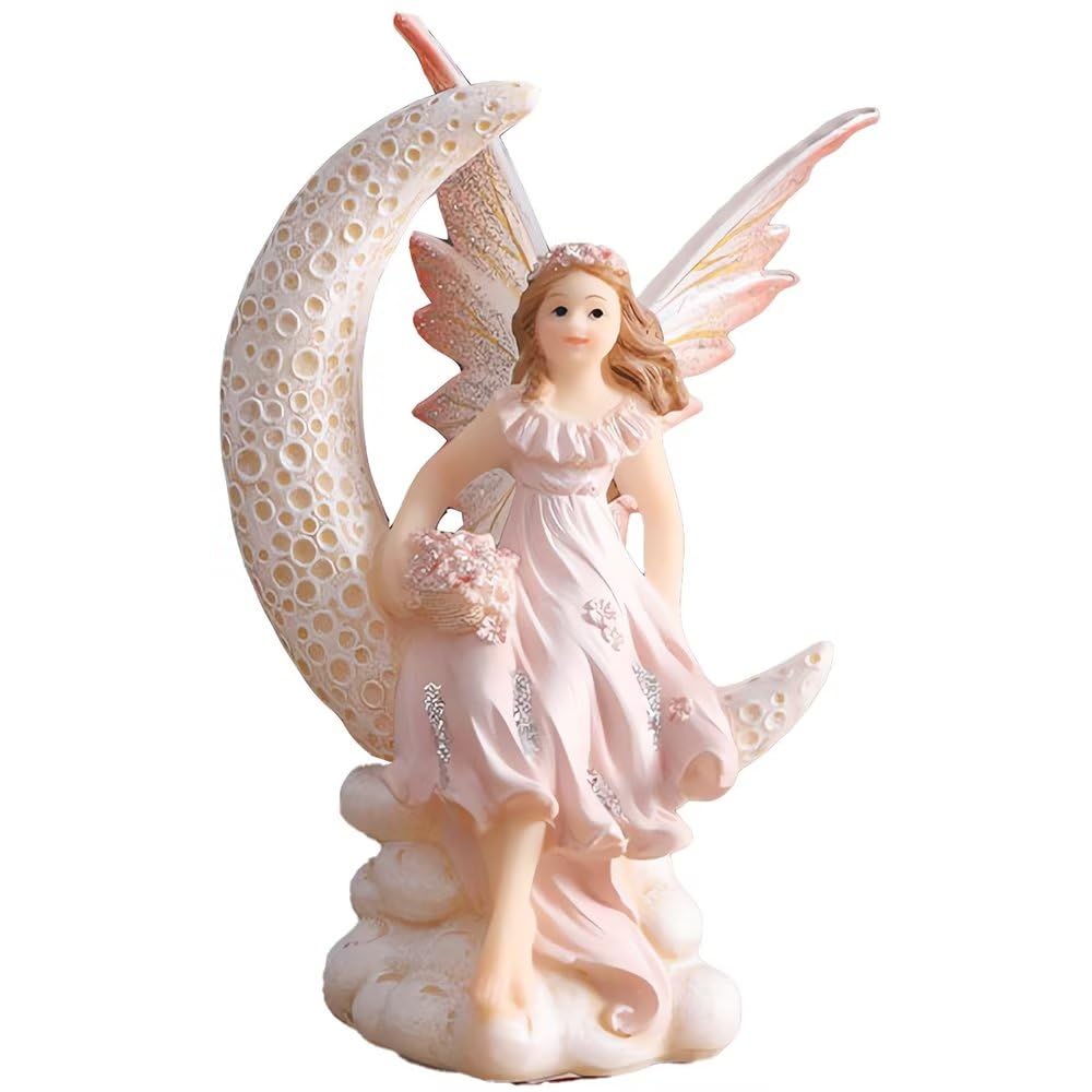 bositigo Fairy Resin Figurines Garden Statue Decor Gift, Pink Fairy in The Moon Memorial Figurines Outdoor Home Decoration Sculptures Lawn Ornaments Art for Balcony Patio Yard