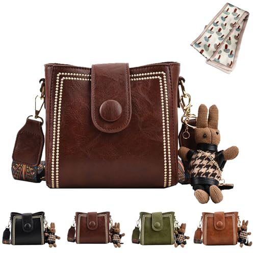 Bucket Bag, Womens Retro Water Bucket Shoulder Bag, with Adjustable Wide Shoulder Strap, Bunny Charm