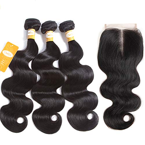 Ossilee Body Wave Bundles with Closure Brazilian Human Hair Bundles with Lace Closure 4X4 Middle Part Closure with Body Wave Virgin Hair Bundles (14 16 18+12, Middle Part)