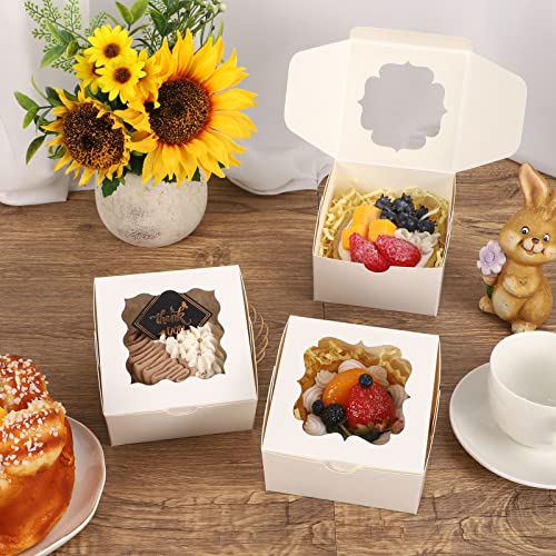 Tomnk 150Pcs 4 Inch White Bakery Boxes Small Treat Boxes Cookie Boxes With 3 Style Windows Pastry Boxes Mini Dessert Boxes For Chocolate Strawberries Donuts And Party Favor 4X4X2.5 Inch #TOP4