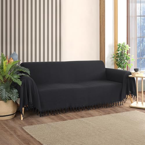Milam London Plaid pour canapé 3 Places | Grande Couverture | Jeté de canapé | Motif Chevrons 180 x 300 cm Noir