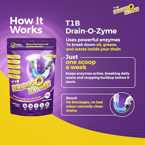 Image of T1B Drain O Zyme Drain Cleaner Powder - Enzyme Based - Removes Odour, Clogs & Blockages from Kitchen, Bathroom & Commercial Drains, Safe For All Pipes - Pack of 2 (250 gram)