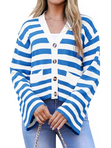 Image of Saodimallsu Womens Striped Cardigan Sweaters Cropped Fall Button Open Front Long Sleeve Knit Sweater Coat with Pockets