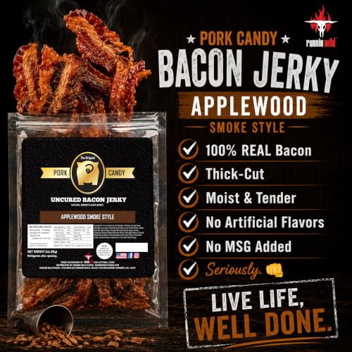 Image of Smoked Applewood Bacon Jerky - Sweet, Smoky & Irresistibly Delicious Gourmet Indulgence | Made with 100% Real Uncured Thick-Cut Bacon, Small-Batch Applewood Smoked for Bold, Rich Flavor | 4 ounces total (Pack of 2 bags, 2 ounces each)