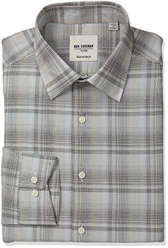 Ben Sherman Men's Slim Fit Check Line Spread Collar Dress Shirt, Brown/Silver Ombre, 16.5