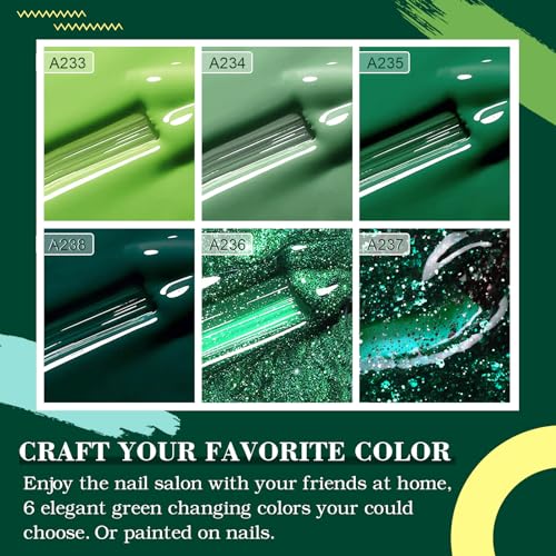 INPING Gel Nail Polish, 6 Colors Green Gel Polish, Emerald Green Light Green Dark Green Sparkle Glitter Nail Varnish Set Soak Off UV/LED for Women Nail Art Salon & Home Use