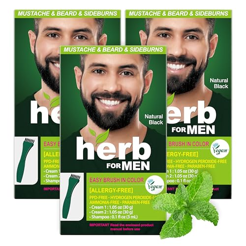 Herb For Men Mustache & Beard Dye (Nature Black, 3 Pack), PPD-Free Ammonia-Free, Vegan with Natural Ingredients, Odorless, Gentle for Sensitive Skin, No Skin Irritation