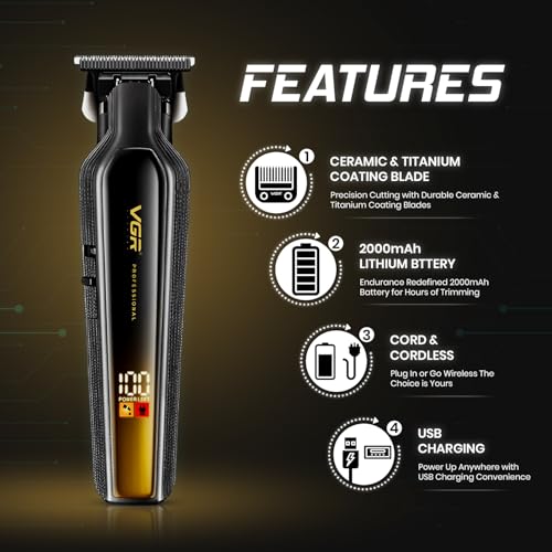 Image of VGR V-930 Professional Hair Trimmer for Men, Ceramic & Titanium Blades | 360 Min Runtime with USB Charging | 4 Guide Combs, LED Display | Perfect for Precision Grooming at Home or Salon (Gold)