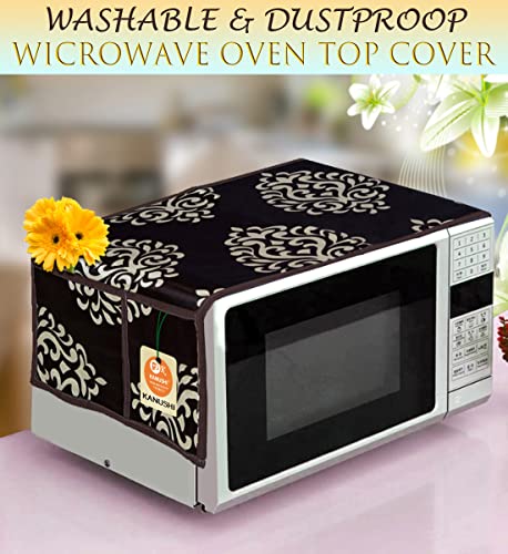 Image of KANUSHI Industries Microwave /Oven Top Cover with 4 Utility Pockets (VAR1-MICRO-BROWN-FLORAL)