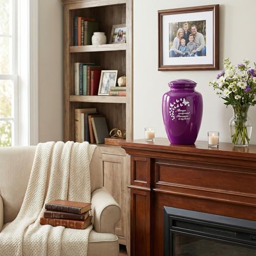 Image of Urns for Human Ashes Adult Female and Male,Large Purple Butterfly Cremation Urn for Human Ashes Women Men,Decorative Funeral Burial Urns for Mother /Mom /Sister /Grandma(Aluminum)