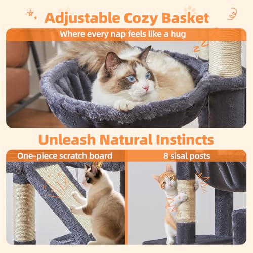 Image of Taoqimiao Cat Tree 71-Inch, Cat Tower for Indoor Cats Large Adult, Multi-Level Large Cat Condo, 8 Sisal Scratching Posts, Metal Frame Cozy Hammock, Scratch Board, 2 Top Perches, Smoky Gray MS026LG