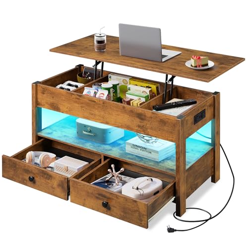 Image of WLIVE Lift Top Coffee Table with 2 Drawers Storage, LED Light Brown | Mid Century Modern Wooden Coffee Table, for Dining /Living Rooms /Offices; 39.4 inchW x 19.5 inchD x 19.1 inchH