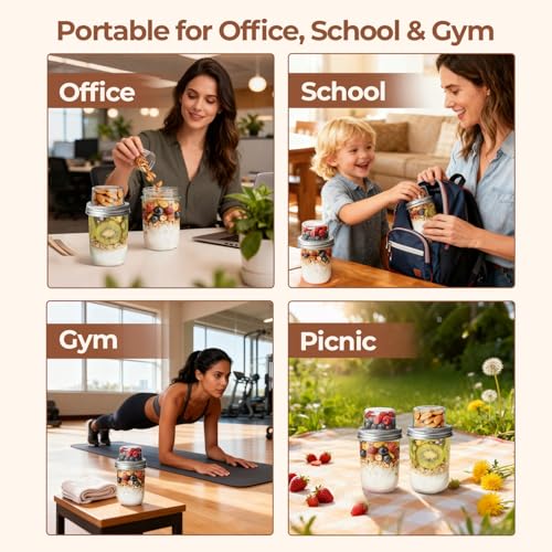 Image of ComSaf Overnight Oats Containers with Lids (16OZ+4OZ, 2PCS) On-The-Go Dual-Laryer Yogurt Parfait Cups with Dry and Wet Separation Mason Jars for Chia Pudding Cereal Nut Fruit Meal Prep Salad