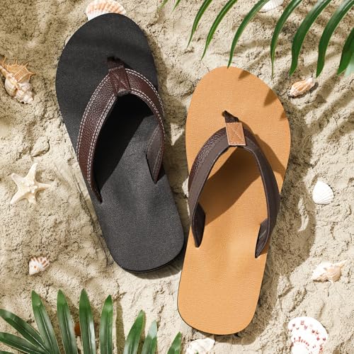 2 Pairs Men's Flip Flops Soft Cushion Footbed with Arch Support Leather Thong Sandals Beach Non Slip Slippers3