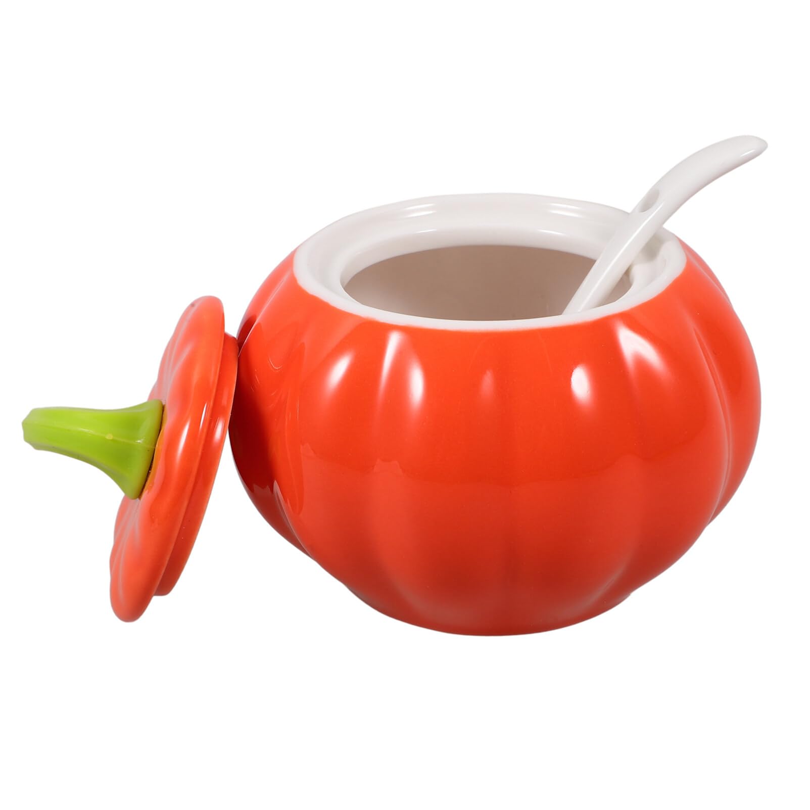 Cabilock Sugar Bowl with Lid and Spoon, Pumpkin Shape Ceramic Jar Tea Kitchen Canister Soup Bowl Condiment Pot Food Storage Container for Flour Coffee Bar Ghee Orange