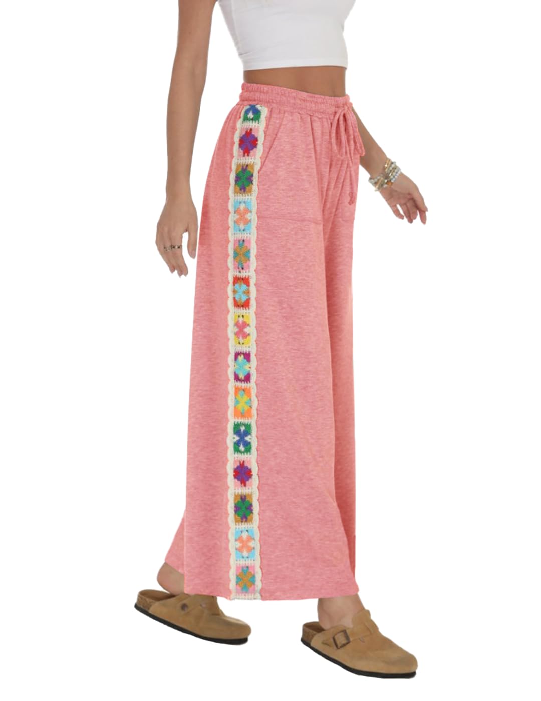 Fenclushy Womens Wide Leg Pants Stretch Casual Drawstring Waist Loose Lounge Sweatpants Crochet Panel Pant with Pocket