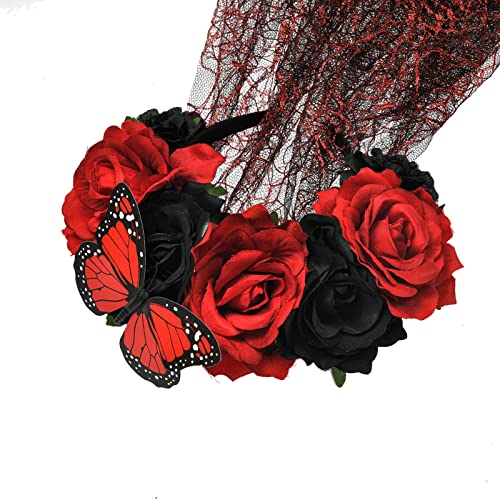 Vividsun Mexican Rose Flower Crown Day Of The Dead Flower Headband Butterflies Flower Crown Costume Headpiece (Red Black Rose) #TOP1