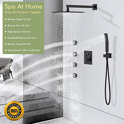 Bostingner Thermostatic Rain Shower System, 12 Inch Matte Black Wall Mount Faucet Set With Body Jets And Valve, All Functions Simultaneous Use #TOP5