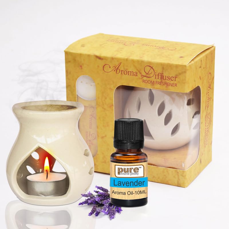 Image of Pure Source India Ceramic Aroma Burner 10 ML Lavender Aroma Essential Oil with 4 Tea Light Candles, Gift This Diwali