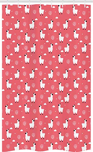 ABAKUHAUS Pink und Weiß Schmaler Duschvorhang, Puffy Lama, Badezimmer Deko Set aus Stoff mit Haken, 120 x 180 cm, Weiß Schwarz Korallenrot