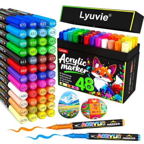 Lyuvie 48 Couleurs Feutre Acrylique, Acrylic Paint Brush Marker à Peinture à Base D'eau, Marqueur Peinture Acrylique pour Pierre,Bois,Galets,Papier, Tissu,Verre, Plastique