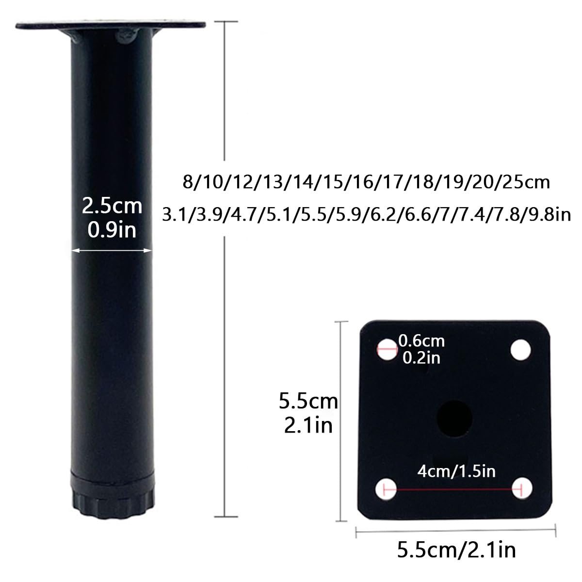 Generico Gambe Per Mobili Da 8/10/12 CM, Piedini Rotondi Regolabili In Metallo Divano, Confezione 4 Piedi Di Supporto Tavolo, Per Poltrona, Letto, Cassettiera(Nero,25cm/9.8in(4pcs))