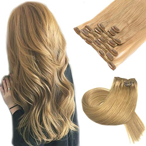 Human Hair Extensions 22 Inch Clip in Strawberry Blonde 7 Pieces Remy Hair Extensions Double Weft Straight Hair Extensions Clip on Fine Hair for Women 70 Gram