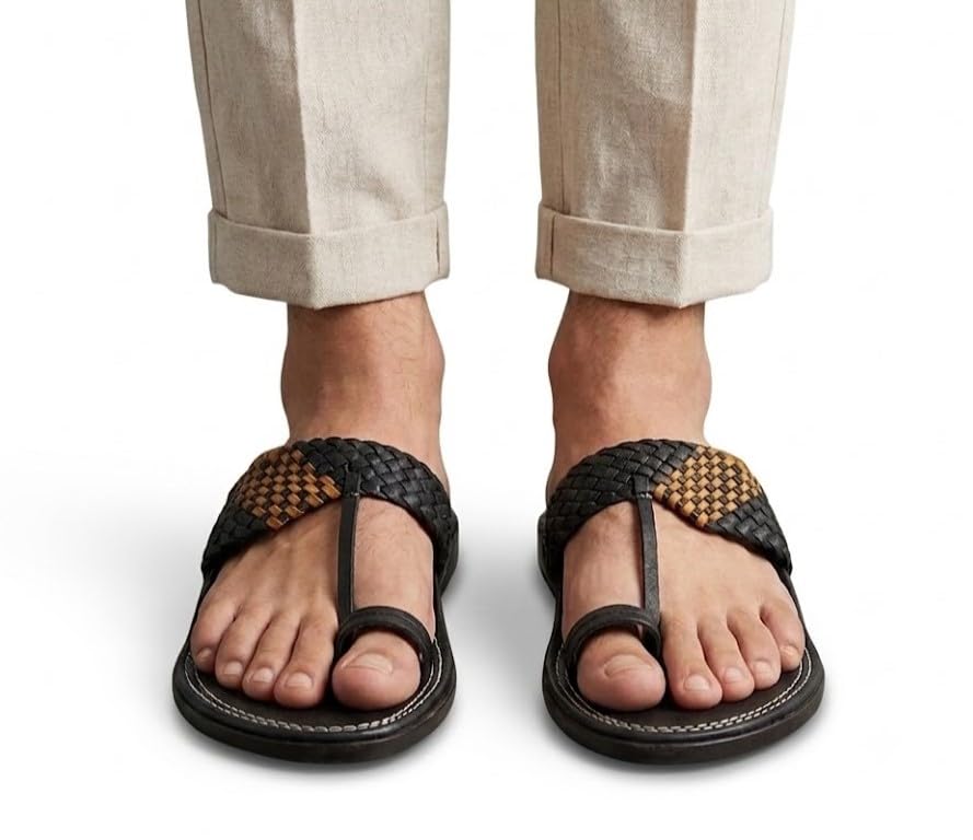 Image of Agadi Men's Kolhapuri Style Sandals | Handcrafted Woven Strap Toe Ring Chappals | Comfortable Ethnic & Casual Slip-On Footwear for Men