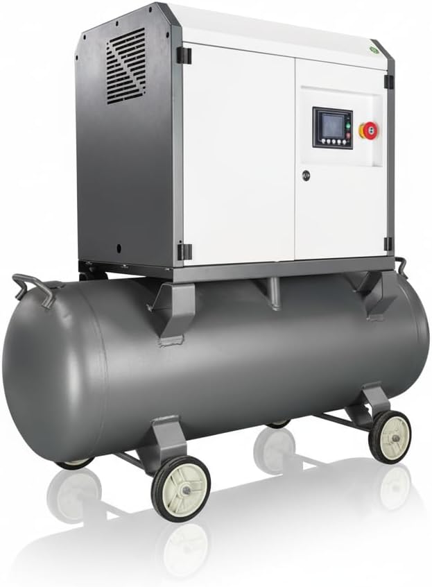 3kw 4HP Permanent Magnet Variable Frequency Screw Air Compressor with 26.5 Gallons Air Tank, 13CFM @ 118PSI, 220V 60Hz 1 Phase, Industrial Lubricated System, Portable on Wheels for Workshop Garage