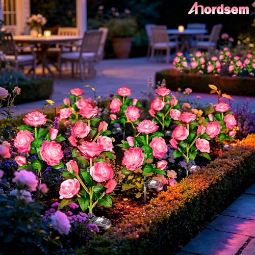 Image of Anordsem Solar Garden Lights Outdoor: 10 Waterproof Fabric Roses 2 Pack - Pink LED Flower Decorations for Yard Patio Path Cemetery Grave - Mother's Day Gift for Her Women Mom Wife