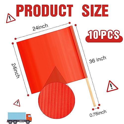 Image of Kinlop 10 Pcs 24 inch x 24 inch Safety Flag Traffic Warning Flag with 35'' Wooden Dowel for Trucks Trailer and Pedestrian Crossings Construction Sites (Classic)