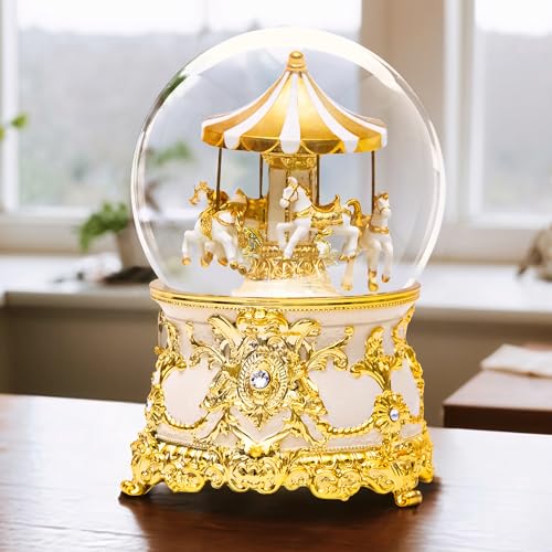 Globo de nieve de carrusel blanco y dorado con música y purpurina para hogar 3